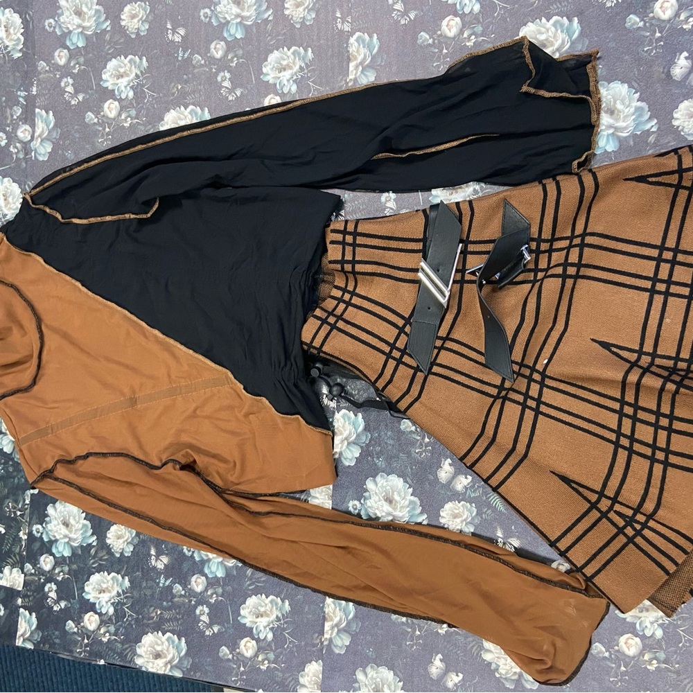Chic Black and Brown Plaid skirt set